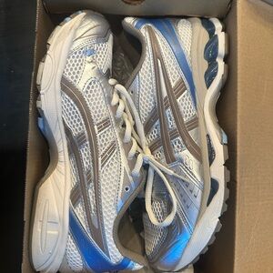 White and Blue ASICS Gel Kayano 14 trainers